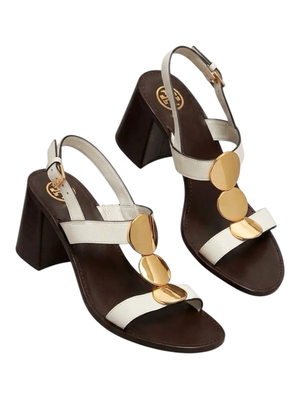 Tory Burch Patos Multi Disk White Leather Block Heel Sandals - Size 9